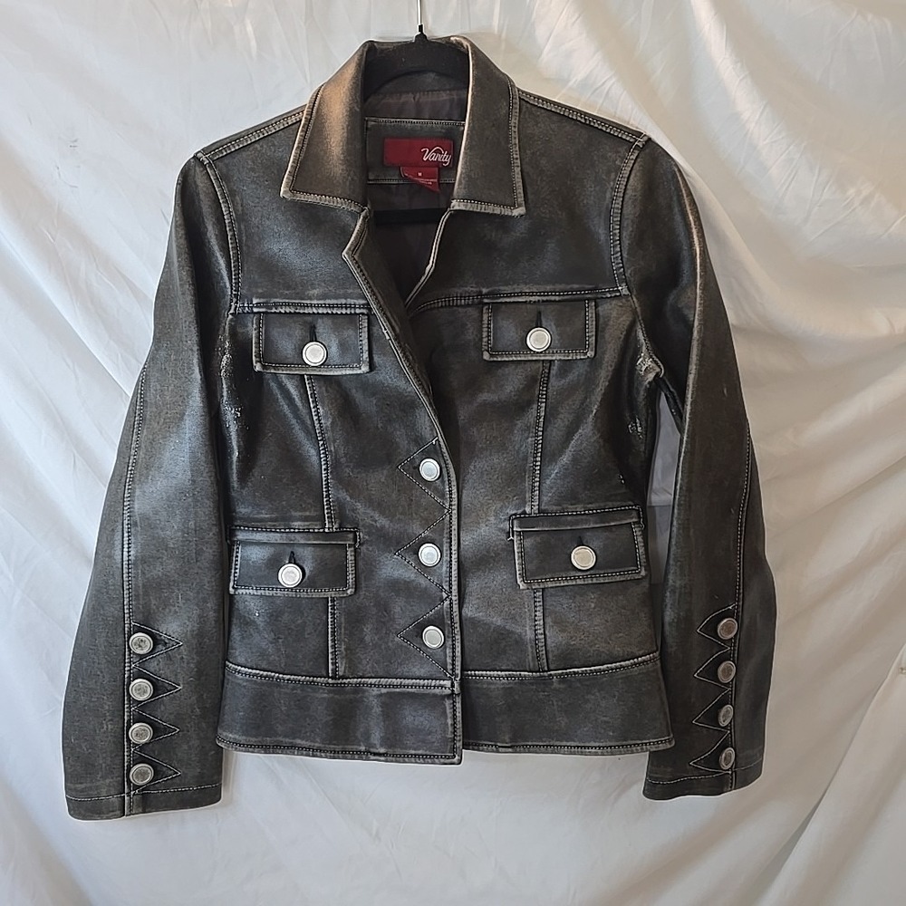 Vanity Faux-Leather Moto Bomber Jacket Y2K 90s Vibes Sz M Gray